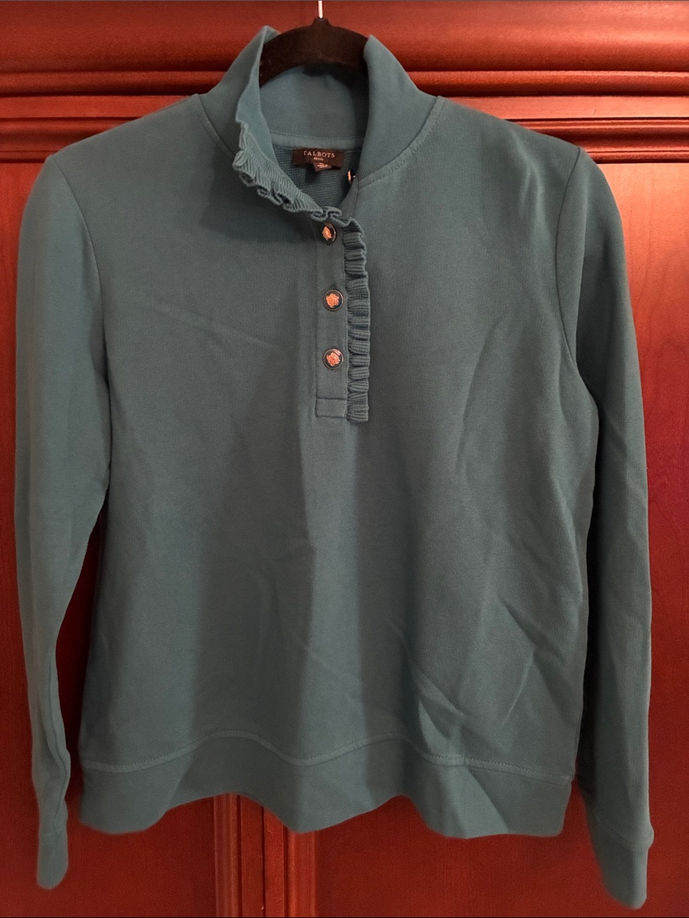 Talbots Teal Ruffle-Placket Pullover Sweatshirt